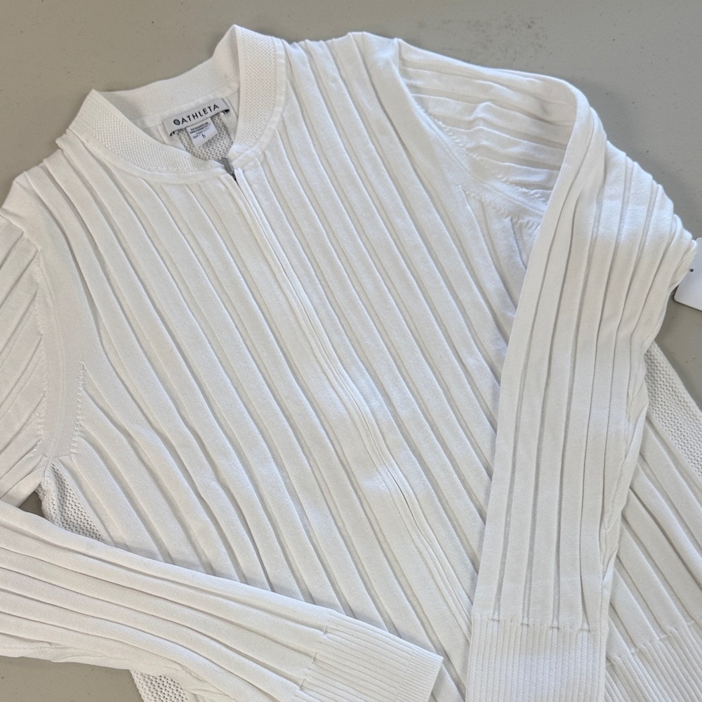 Athleta White Ribbed Zip-Front Crew Sweater Jacket